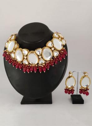 Dark Pink Gold Polish High Kundan And Pearls Wedding Necklace Set
